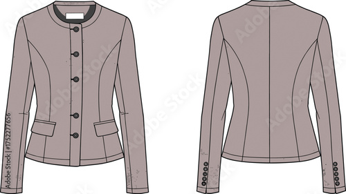 blazer women tailored long sleeve round neckline button closure pocket flap cuff princess seam structured apparel garment clothing fashion textile template vector sketch illustration design pattern wa