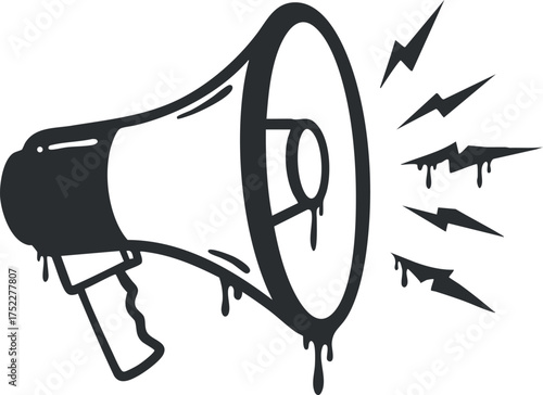 A black and white illustration of a megaphone emitting sound waves for announcements.
