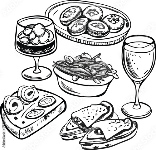 Hand drawn sketch of appetizers and drinks for a gathering