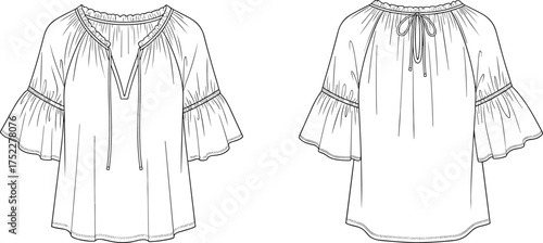 blouse women vneck drawstring tie ruffle sleeve short flared relaxed flowy apparel garment clothing fashion textile template vector sketch illustration design pattern feminine stylish wardrobe prototy