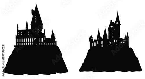 Silhouetted depictions of gothic castles atop rocky hills against a white background