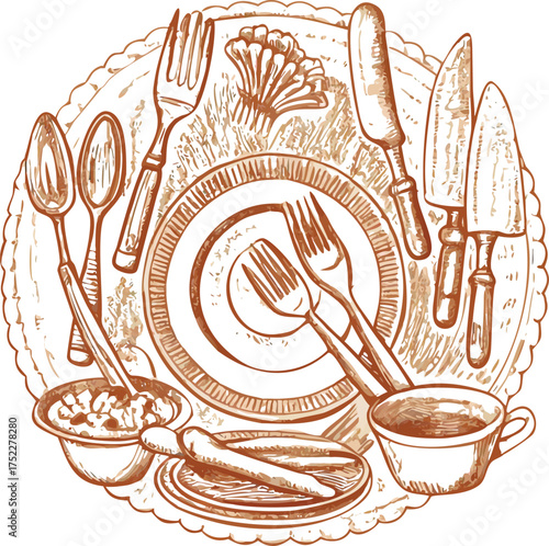 Vintage etched glassware and cutlery arrangement