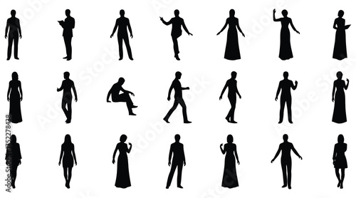 Vector art of a diverse collection of silhouette figures in various poses, , capturing a range of human actions and expressions in a simple, elegant style