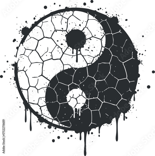 A stylized yin yang symbol with a cracked surface and ink splashes representing balance and harmony.