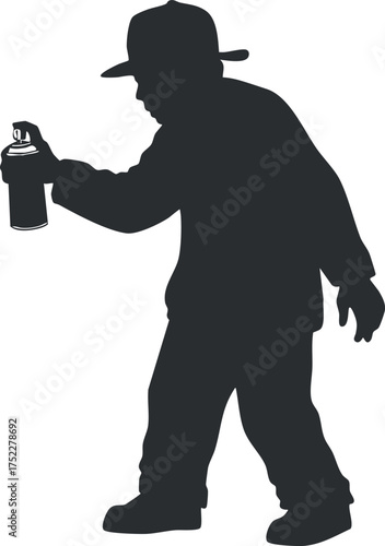 A silhouette of a graffiti artist using a spray can in an urban setting.