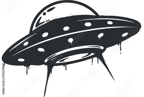A stylized black and white illustration of a UFO with lights and dripping effect.