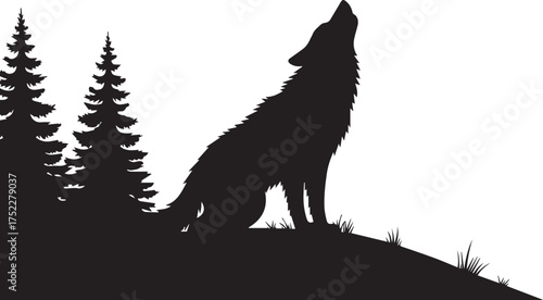 Silhouette of a wolf howling at the moon in a pine forest landscape