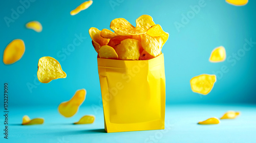 Bright yellow chips bag mockup with playful potato crisps floating against a vibrant blue background