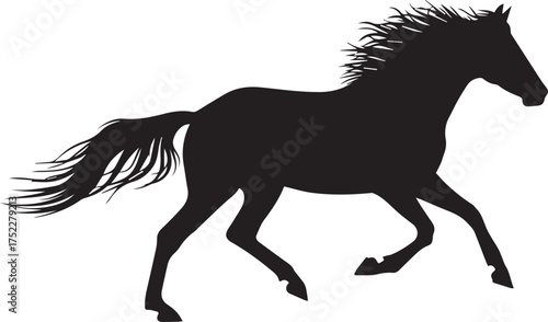 Majestic black silhouette of a horse running freely in motion full body profile