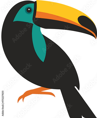 A colorful cartoon toucan with a large beak perched on a tropical branch, an exotic bird vector illustration of nature's wildlife from the rainforest