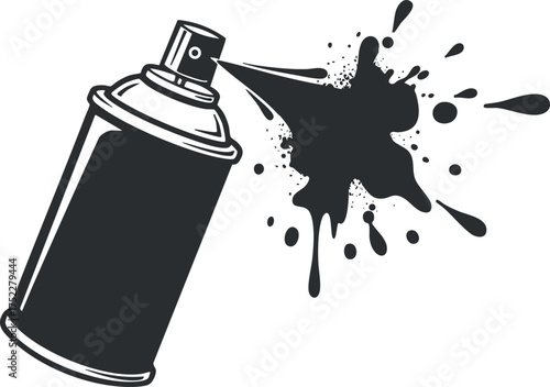 A black and white illustration of a spray paint can with a colorful paint splash.