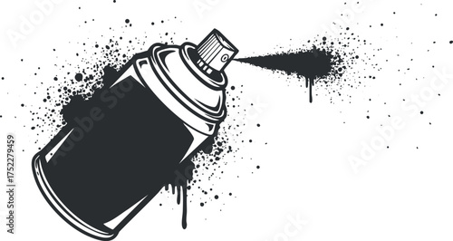 A stylized illustration of a spray paint can with paint splatter and drips.