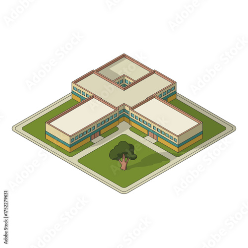 Isometric cross shaped building, courtyard garden, light roof, education complex, training center, institutional architecture, aerial perspective, vector
