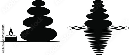 Zen Stone Stack with Candle and Water Reflection Silhouette