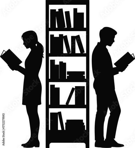 Silhouette of Man and Woman Reading Books in Library