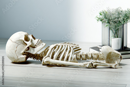 Skeleton lying on the floor in a modern room with flowers and books nearby