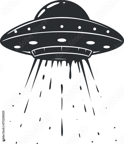 A stylized illustration of a UFO with a beam of light descending from it.