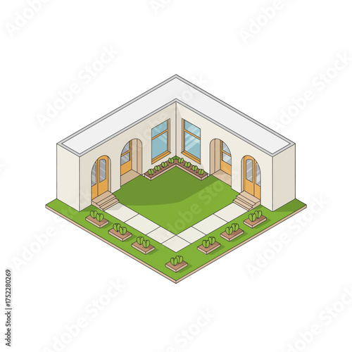 Isometric courtyard building, U shaped layout, colonnade arches, inner garden, education center, monastery style, architectural element, vector