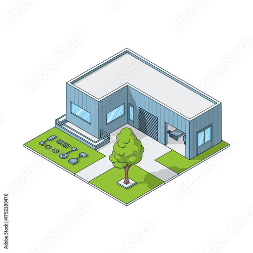 Isometric small office building, contemporary facade, residential block feel, green yard, business center, corporate property, city model, vector