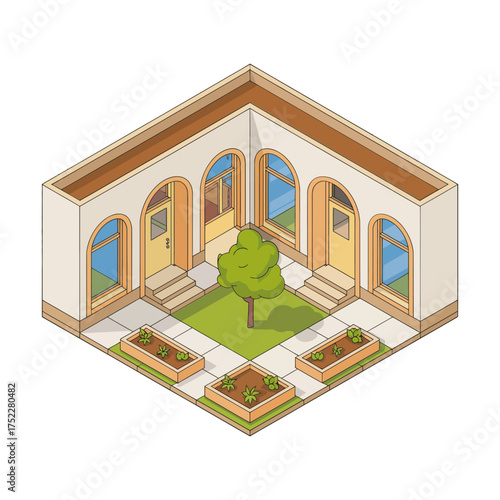 Isometric cloister courtyard, arched galleries, central tree, symmetrical plan, cultural museum, historic architecture, campus landmark, vector