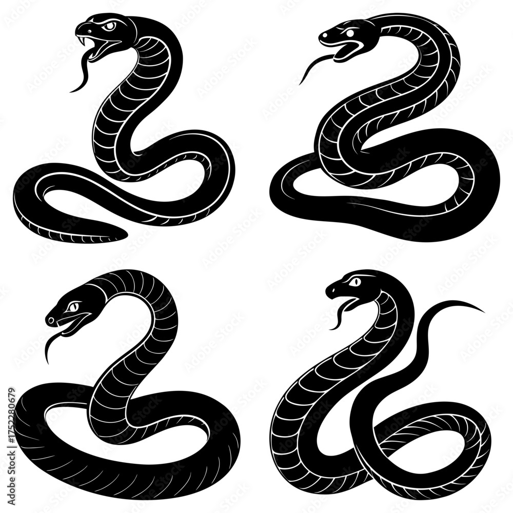 Fototapeta premium Four black snakes with forked tongues in various poses on a white background illustration style drawing