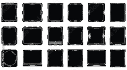 Vector art of set of 18 futuristic frame designs, perfect for adding a hightech and modern touch to your projects, featuring a variety of shapes and styles