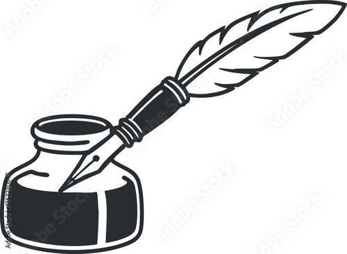 Illustration of an ink bottle with a quill pen symbolizing writing and creativity.