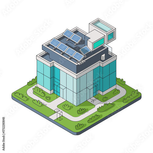 isometric modern office building, glass facade, rooftop solar panels, eco friendly architecture, corporate headquarters, vector illustration