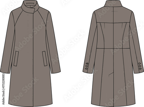 coat long tailored collar high closure concealed pocket welt seam yoke waist fitted button cuff sleeve apparel garment clothing fashion textile template vector sketch illustration prototypecoat long t