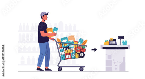 Man pushing shopping cart full of groceries towards checkout counter