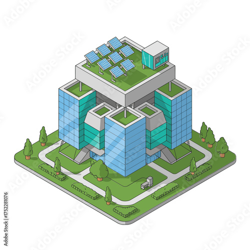 isometric modular office complex, stacked towers, courtyard greenery, contemporary architecture, technology park campus, detailed vector asset