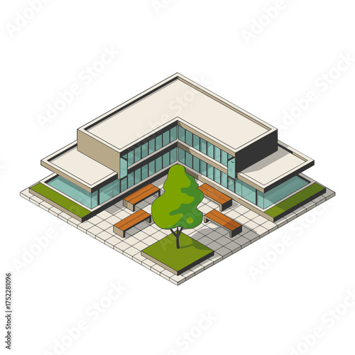 isometric low rise office, minimalist lines, tree plaza, clean corporate architecture, business park building, professional vector graphic