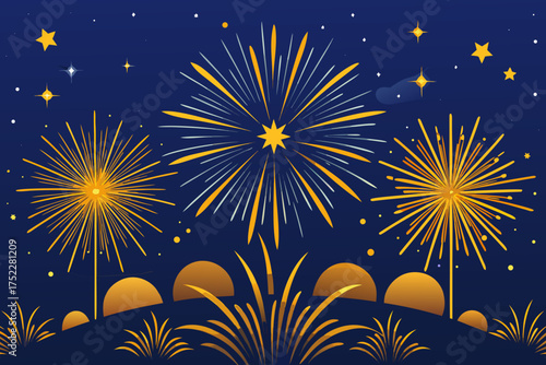 Radiant golden fireworks exploding in a deep blue night sky vector illustration