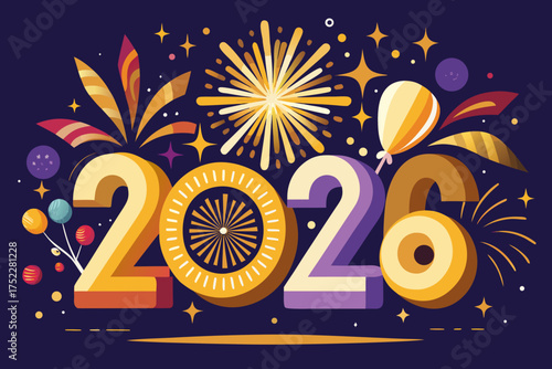 Vibrant new year 2020 celebration vector art festive party scene with fireworks and golden glow