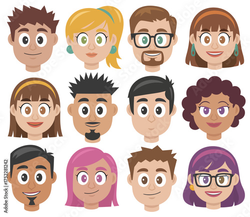 A collection of twelve diverse cartoon character faces and avatars.