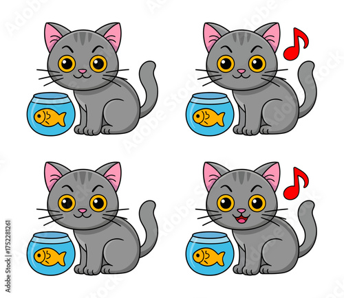 Four cartoon cats next to fishbowls with goldfish, some with music notes.