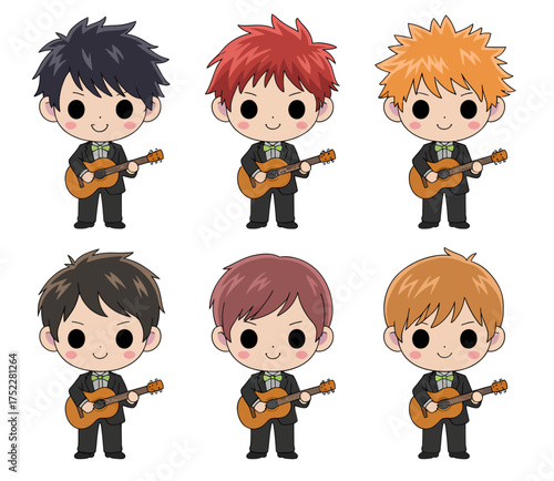 Six cute chibi male characters in suits playing acoustic guitars, each with different hair colors on a white background.