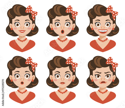 A collection of six different facial expressions of a retro cartoon woman with a red polka dot bow.