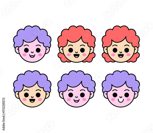 A collection of six cute cartoon character faces with colorful curly hair, isolated on a white background.