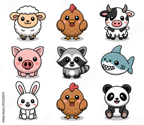 A collection of nine adorable cartoon farm animals and other creatures in a grid layout.
