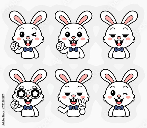 Six cute cartoon white rabbits with various happy expressions and gestures, wearing blue bow ties, isolated on a light background.