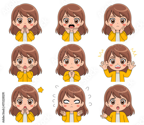 A collection of nine expressive illustrations of a young girl displaying various emotions and reactions.