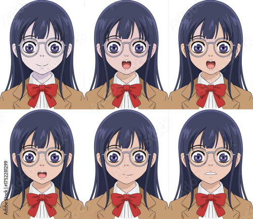 Six anime girl facial expressions showing a range of emotions, including happy, surprised, neutral, and pouting, all wearing glasses and a school uniform.