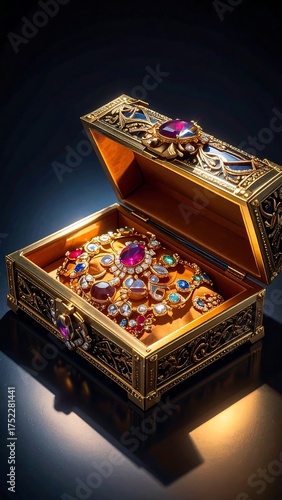 Ornate, gold treasure chest with open lid, revealing jewels inside