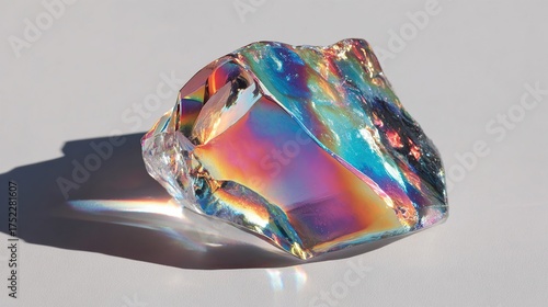 Iridescent crystal fragment on a white surface projects vivid rainbow refractions and dynamic shadow, abstract spectrum background