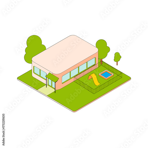 isometric suburban house with yard, fenced garden, small pool, family home exterior, residential real estate, vector design
