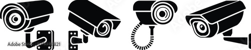 Black CCTV security camera icons set, surveillance camera symbols with mounts, video monitoring equipment silhouettes, safety and protection technology graphics