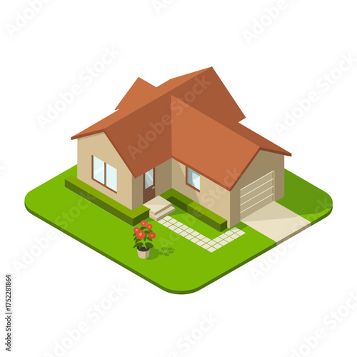 Small family home graphic, orange gable roof, side garage, manicured yard, cozy neighborhood property, architectural vector