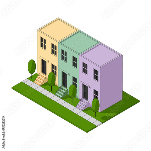 Duplex townhouse pair, pastel exterior colors, shared lawn, isometric residential development, modern multifamily housing, property vector