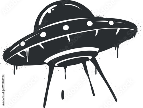 A stylized illustration of a UFO with a classic flying saucer design and dripping effect.